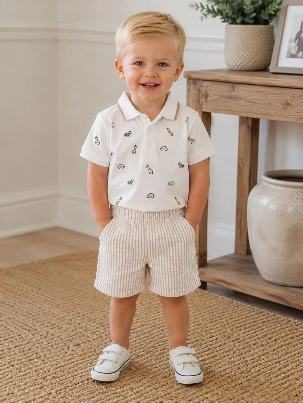 24 month little me Toddler White Polo with Tiny Animal Embroidery